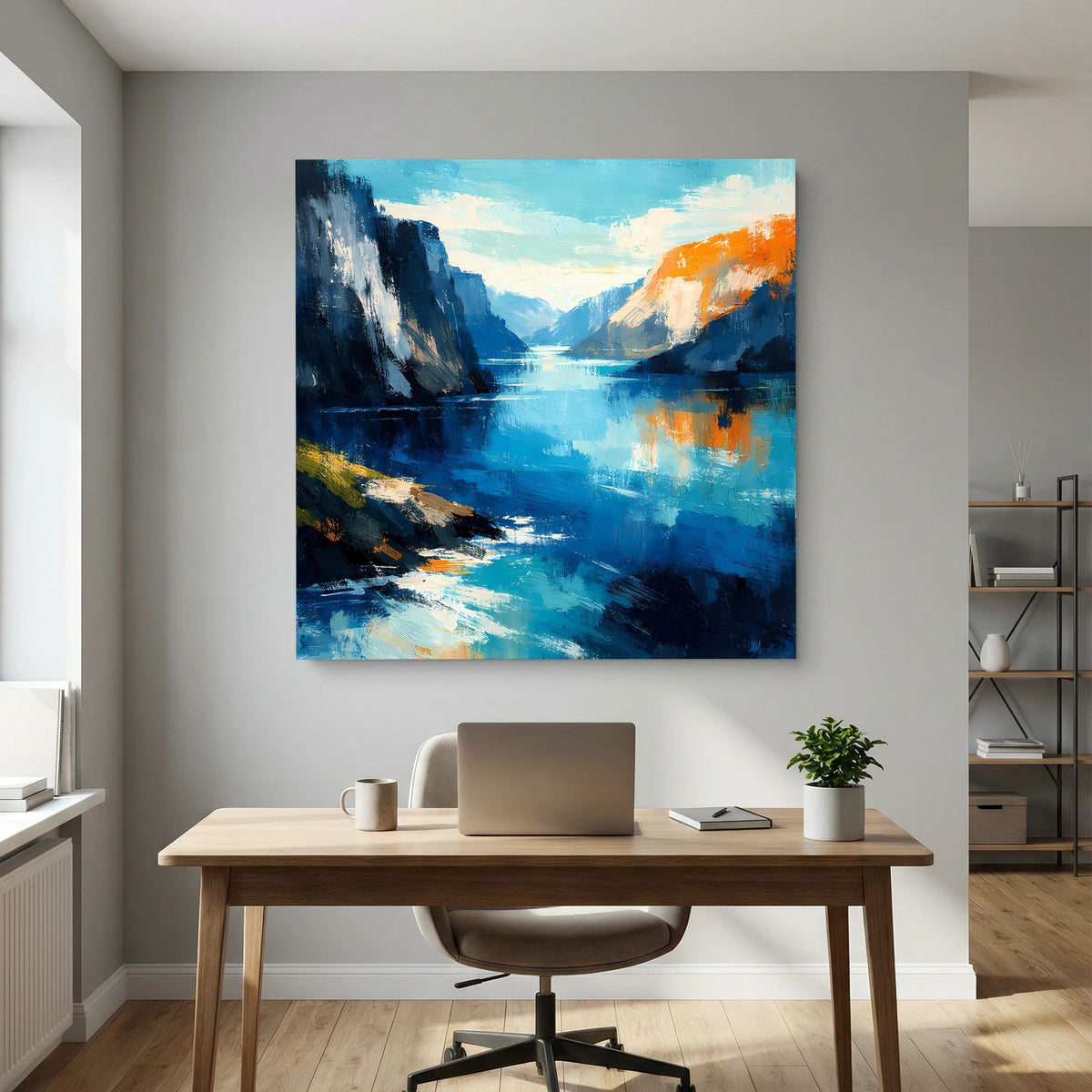 Leinwand Abstraktes Fjord Gemälde | Modernes Norwegisches Wandbild Blau Orange