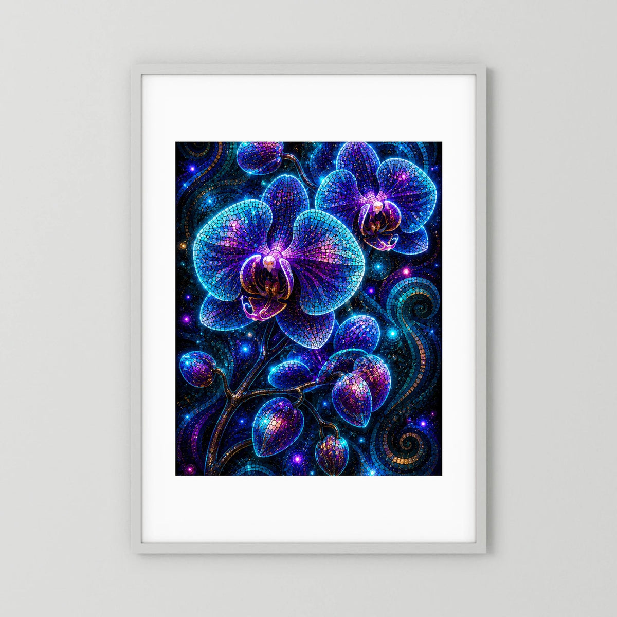 Gerahmtes Poster mit leuchtenden blau-violetten Orchideen-Mosaiken, weißer Rahmen
