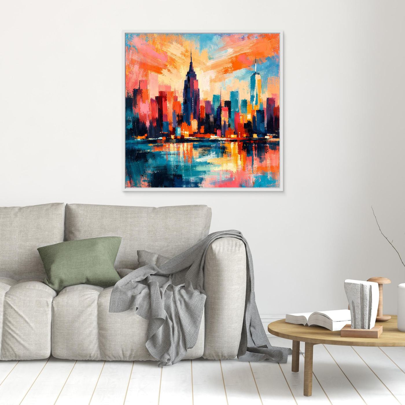 Gerahmtes abstraktes Leinwandbild mit Skyline und Spiegelung im Wasser, kräftige Orange- und Blautöne