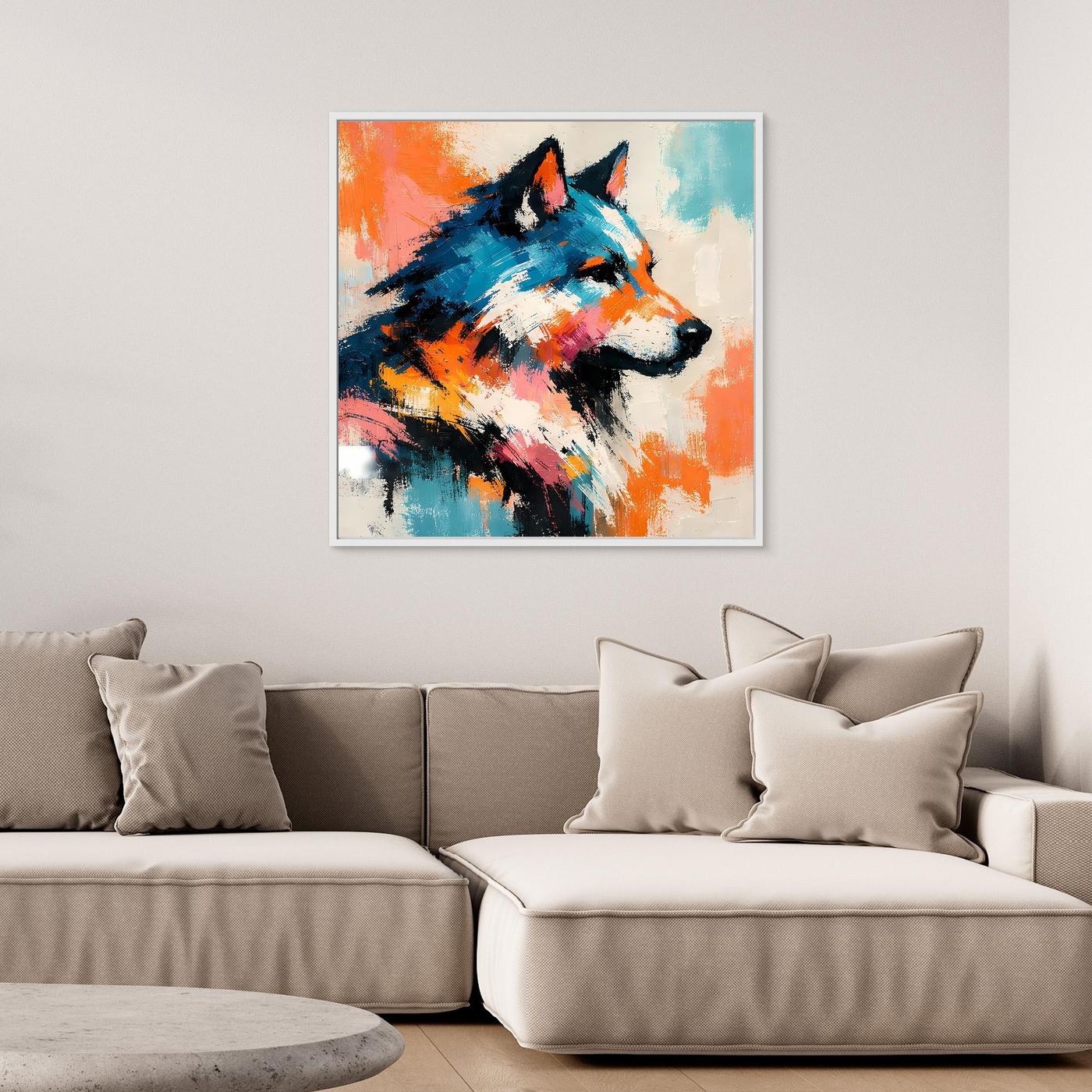 Leinwandbild mit abstraktem Wolf im Pop-Art-Stil im weißen Rahmen, farbenfrohes Blau-Orange-Motiv