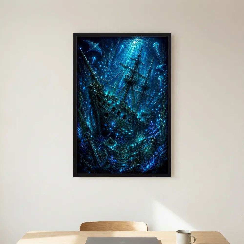 Kunstposter mit Unterwasser-Schiffsmotiv, schwarzer Rahmen, detailreiche Optik