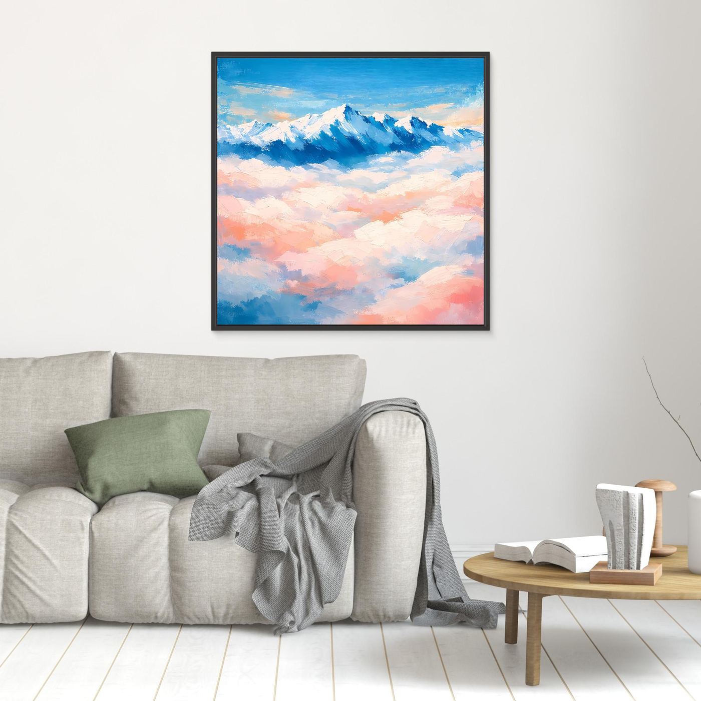 Leinwand-Wandbild mit schneebedeckten Bergen über Wolken, klein, schwarz gerahmt