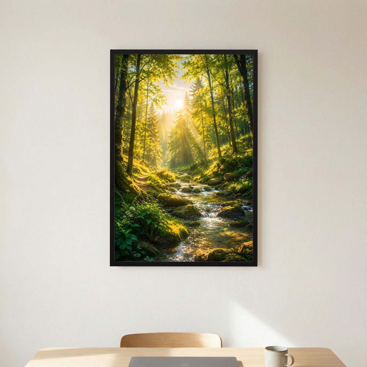 Poster mit schwarzem Rahmen: Waldbach zwischen Bäumen, goldene Lichtstrahlen, Hochformat