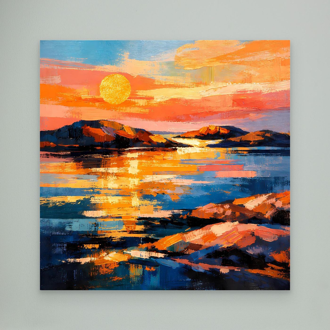 Abstraktes Leinwandbild mit Sonnenuntergang über dem Meer, ohne Rahmen
