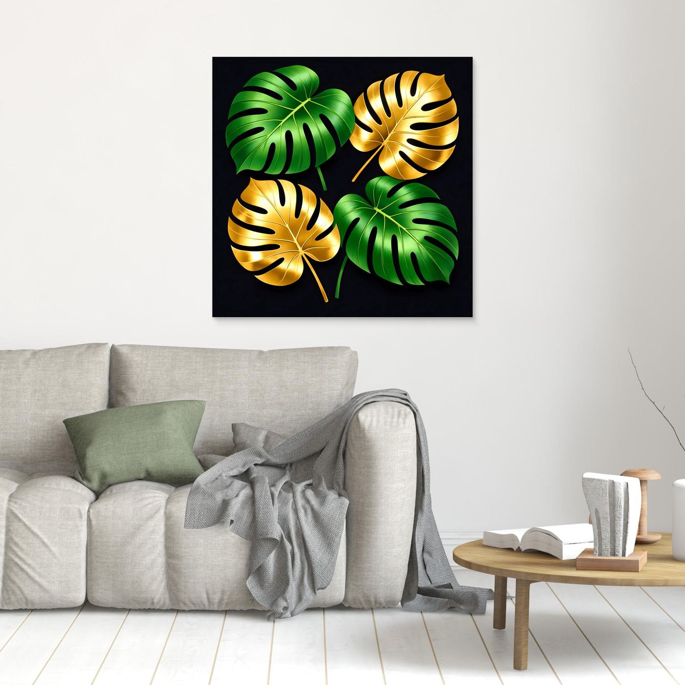 Leinwandbild mit vier Monstera-Blättern, grün und gold, schwarzer Rahmen