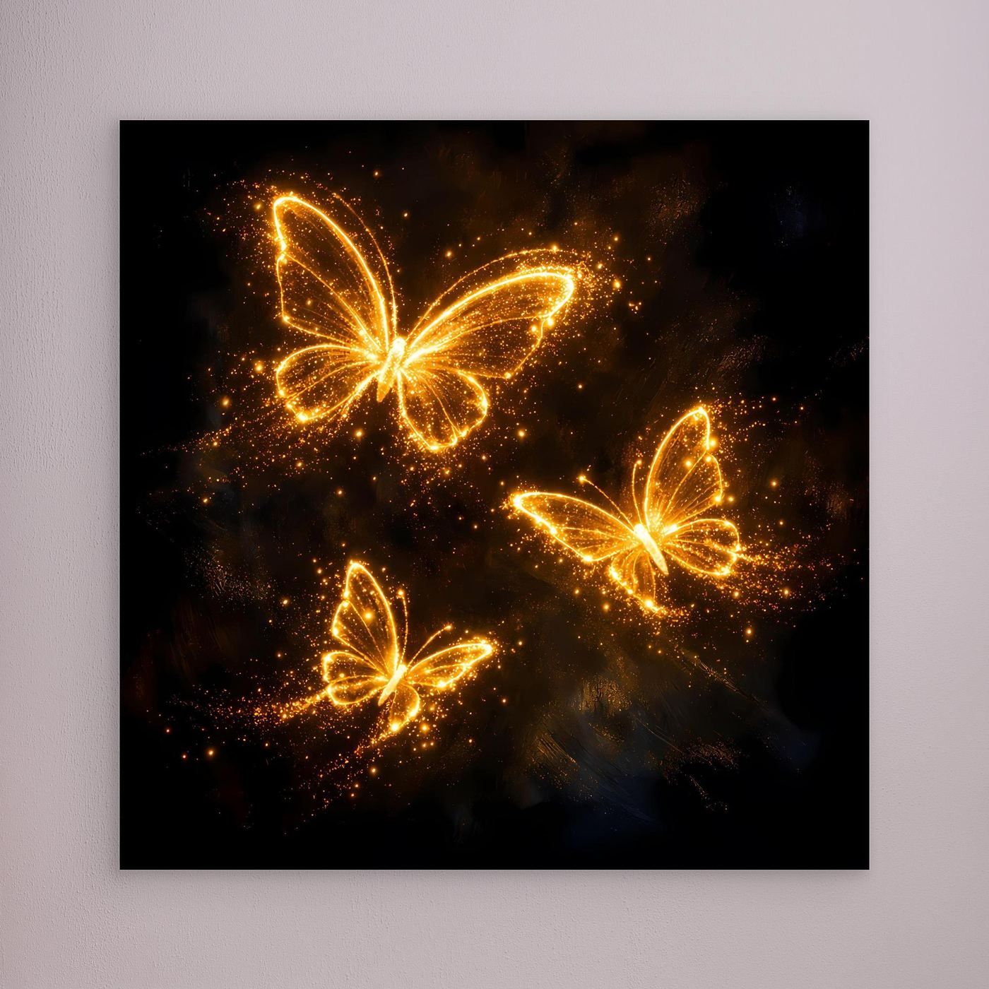 Premium Leinwand Leuchtende Schmetterlinge in Gold | Elegantes Fantasy Wandbild abstrakt