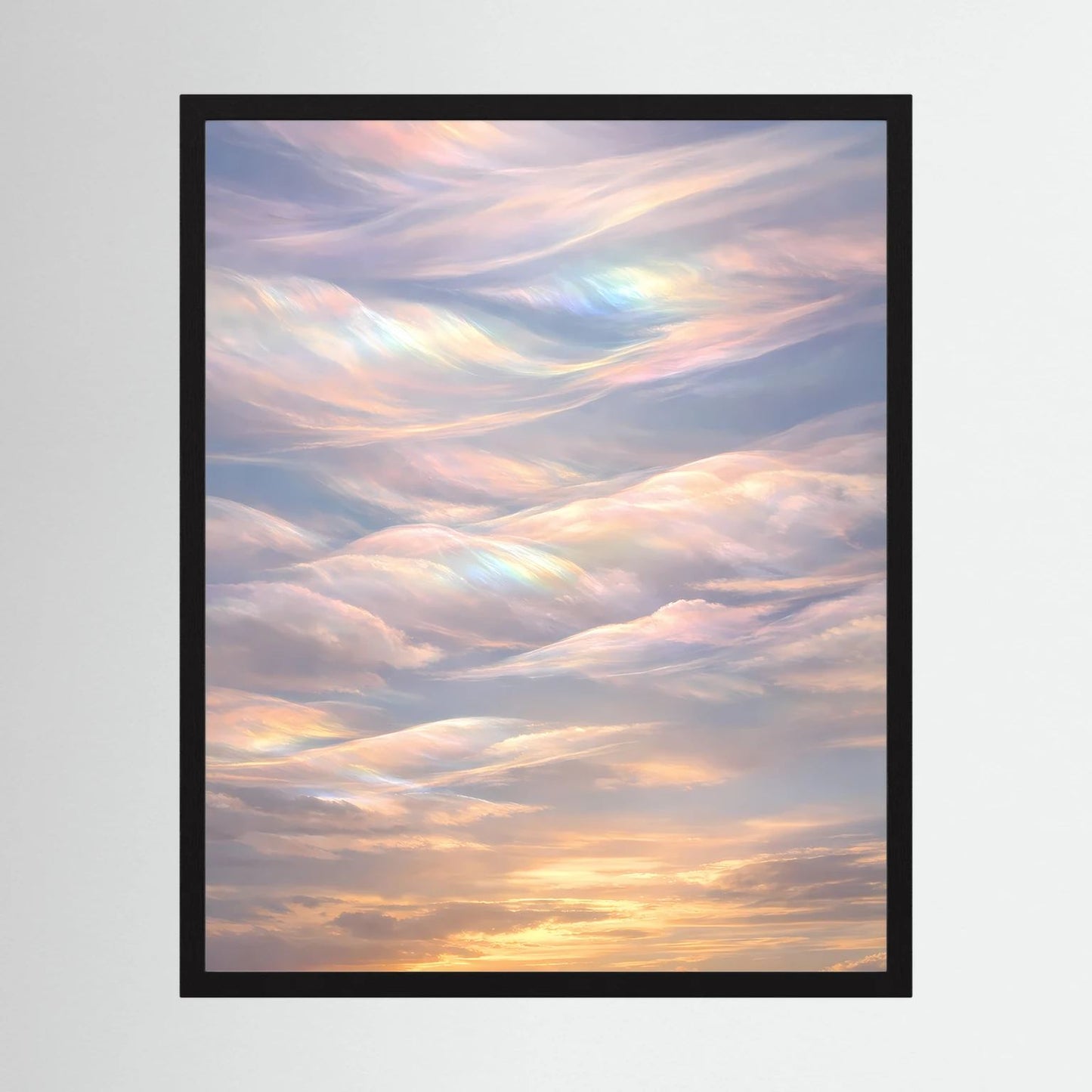 Gerahmtes Wandposter mit pastellfarbenen Wolken und Sonnenuntergang, schwarzer Rahmen