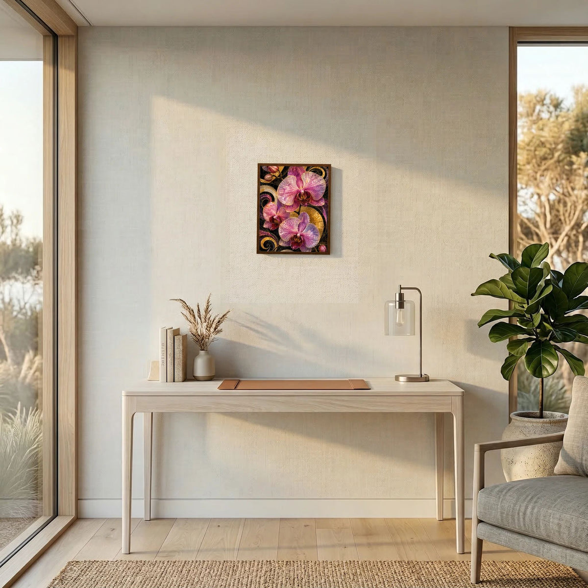 Kunstposter in schwarzem Rahmen mit rosa Orchideen-Mosaik, goldene Spiralen