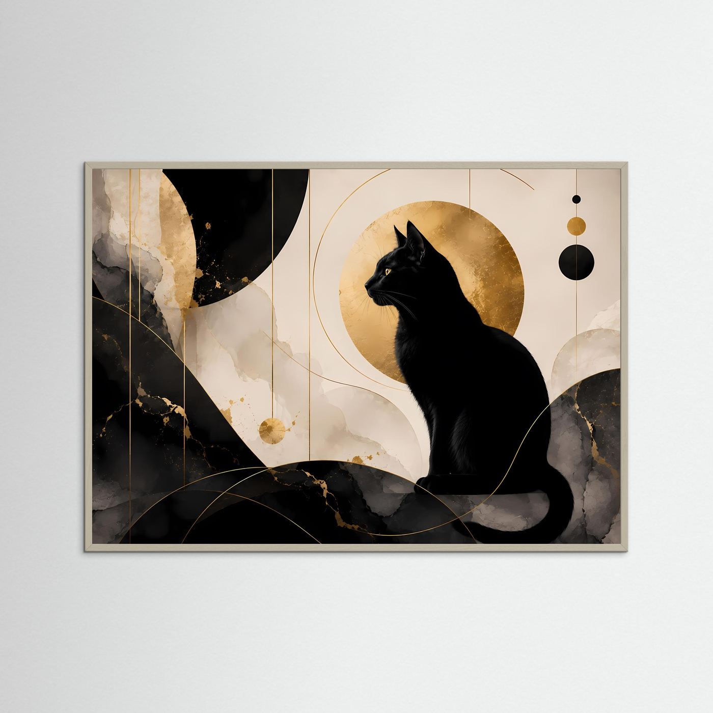 Schwarze Katze in Gold & Marmor | Elegante abstrakte Katzen Wandkunst