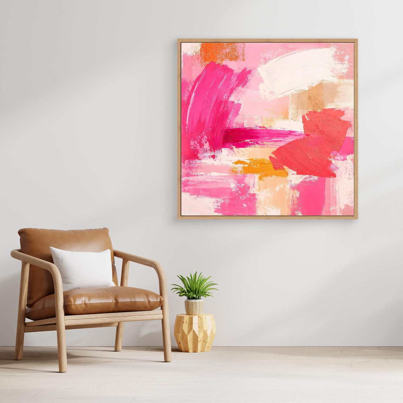 Leinwand-Abstraktbild mit rosa Farbflächen im naturfarbenen Rahmen