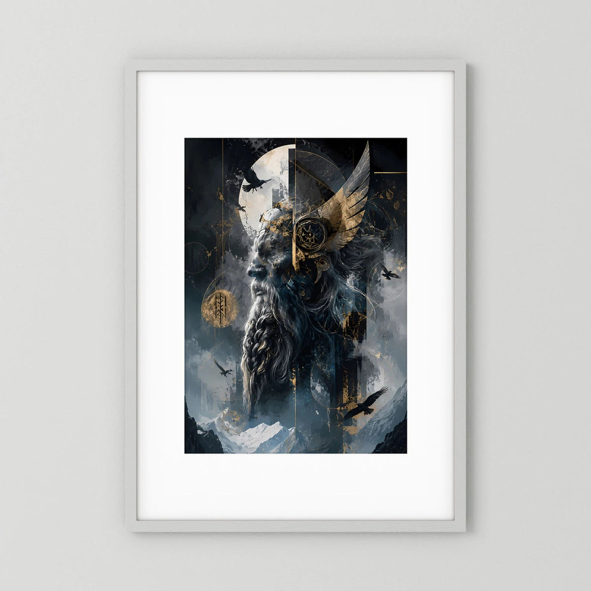 Hochformat-Poster im weißen Rahmen: düsteres Wolfswesen mit Flügeln und goldenen Symbolen