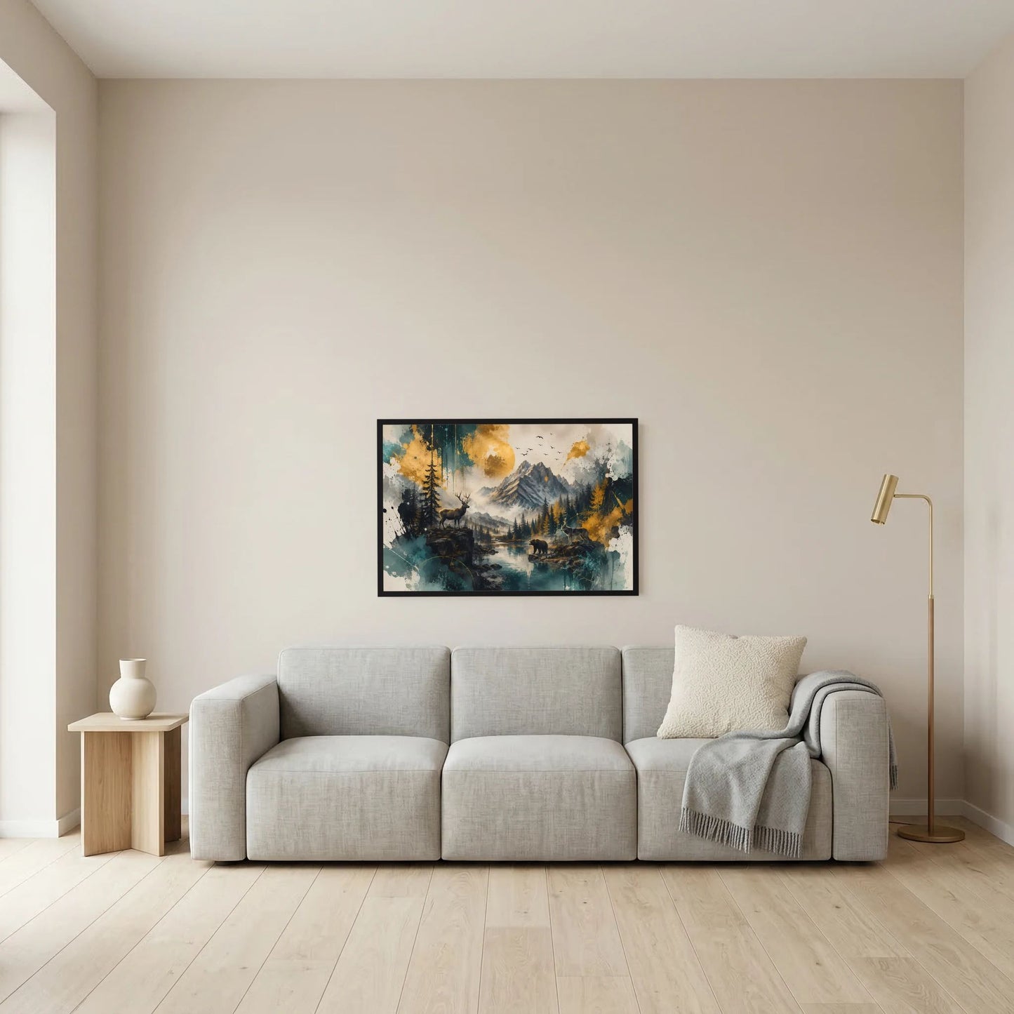 Wildtiere in majestätischer Berglandschaft | Hirsch Wolf und Bär | Poster Querformat