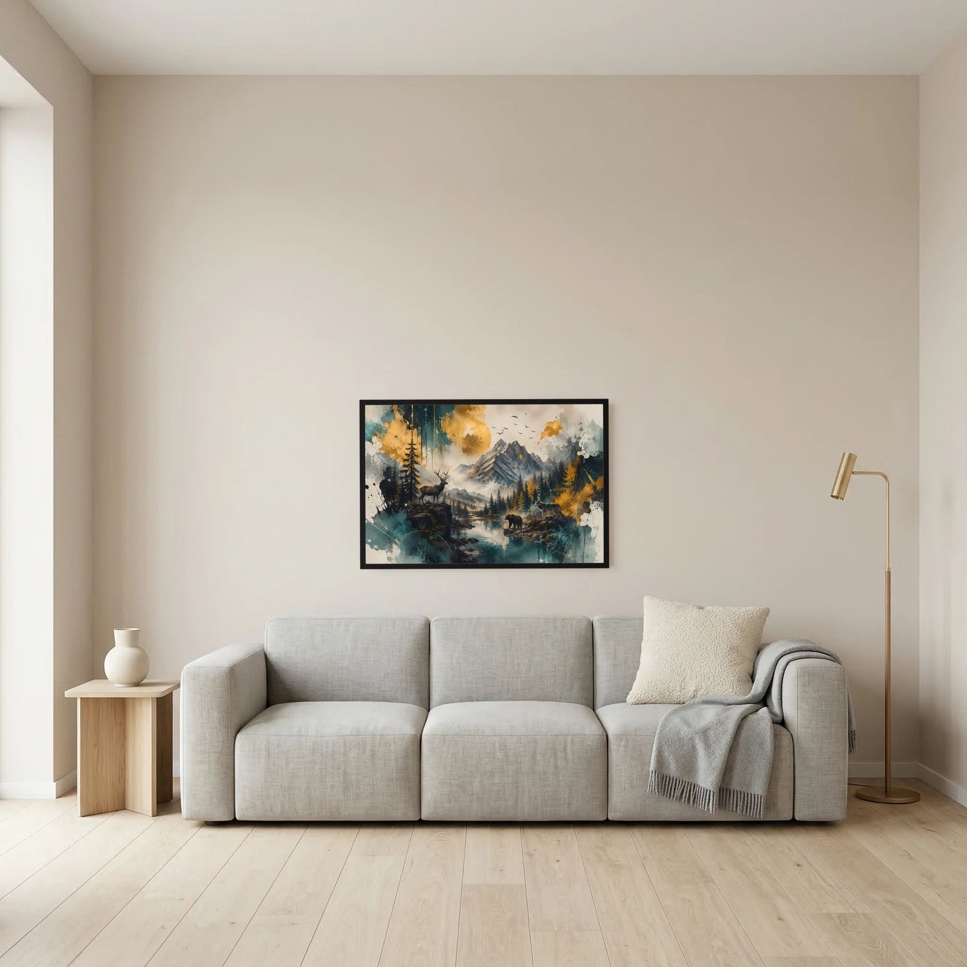 Wildtiere in majestätischer Berglandschaft | Hirsch Wolf und Bär | Poster Querformat