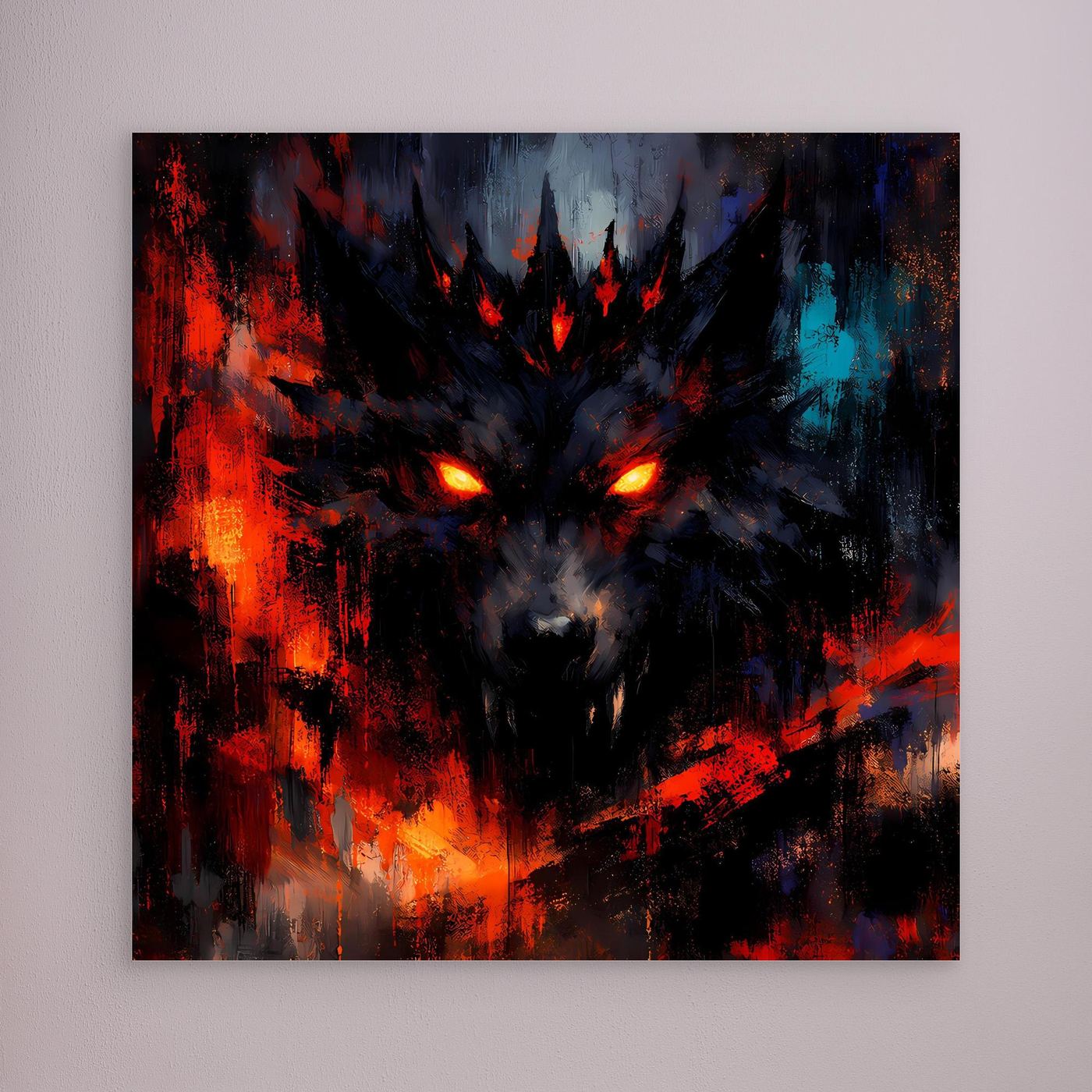 Abstraktes Wolf-Leinwandbild mit leuchtenden Augen, Rot- und Blauakzenten, ohne sichtbaren Rahmen