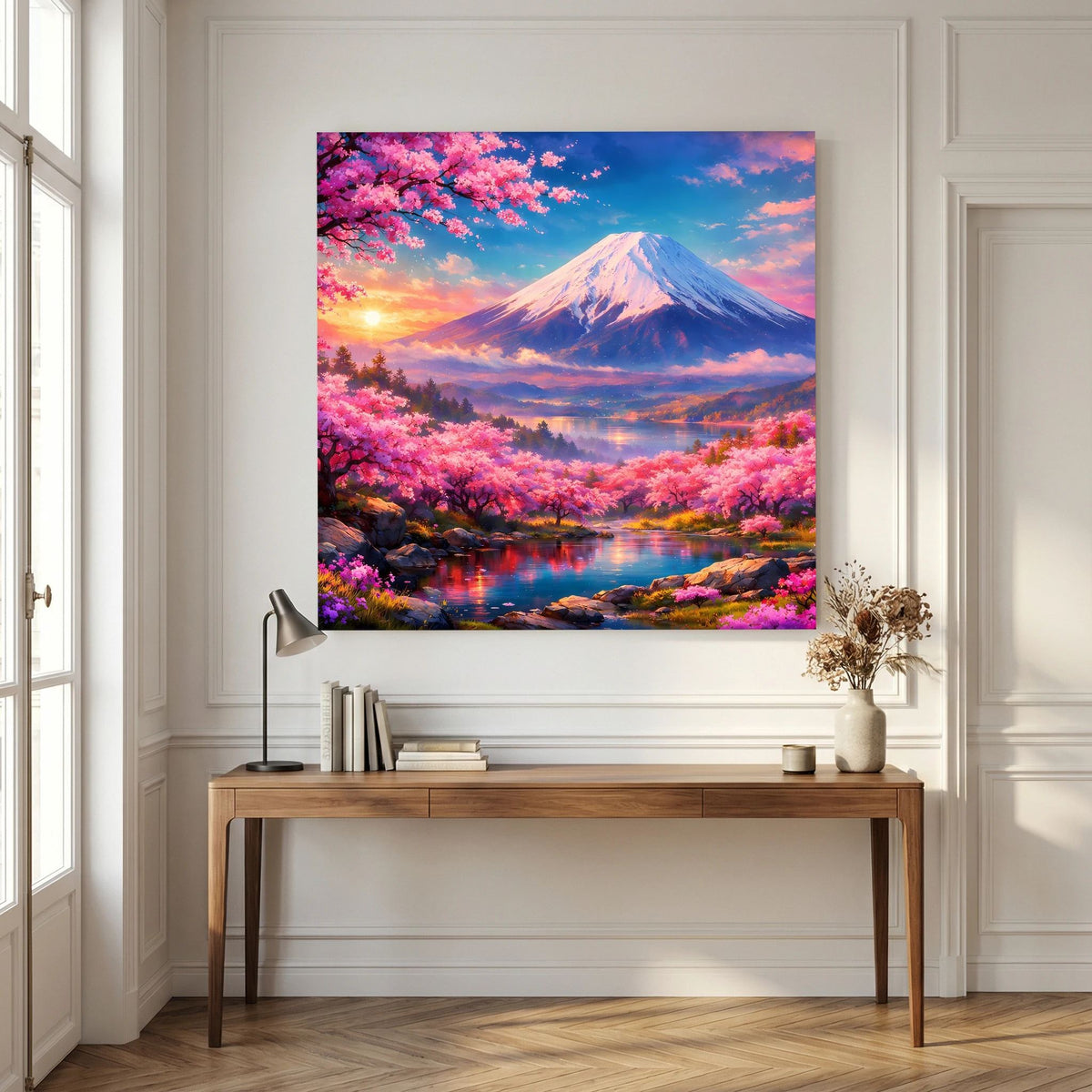 Quadratisches Leinwandbild auf Holzkeilrahmen: Berg Fuji mit rosa Kirschblüten, Fluss im Vordergrund