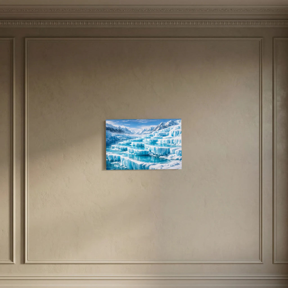 Kleines Wandbild mit Eismeer-Gletscher, blaues Eis und ferne Berggipfel