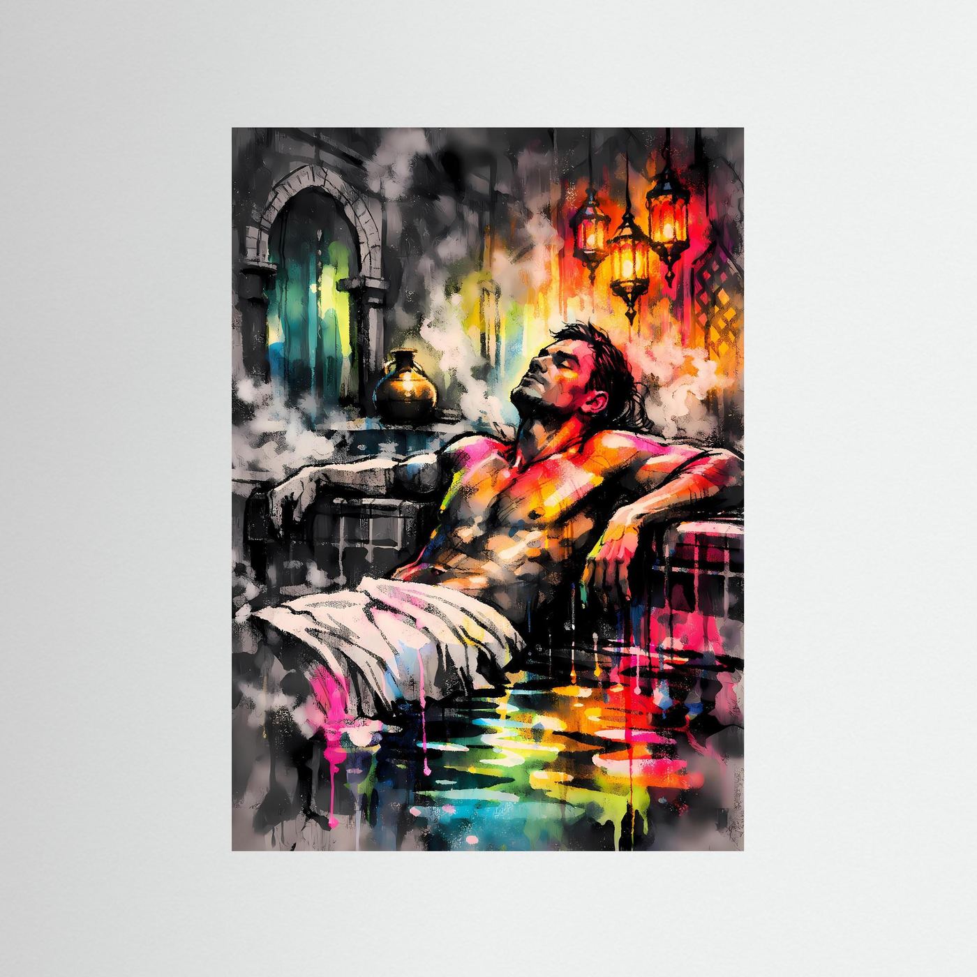 Die Kunst des Orients | Neon Hamam Poster mit orientalischer Silhouette & Regenbogen-Farben | Abstraktes Dampfbad Kunstposter Hochformat