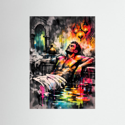 Die Kunst des Orients | Neon Hamam Poster mit orientalischer Silhouette & Regenbogen-Farben | Abstraktes Dampfbad Kunstposter Hochformat