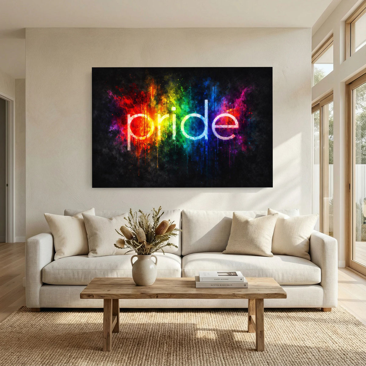 Wandbild mit Regenbogen-Spritzgrafik und „pride“-Schriftzug über Sofa, schwarzer Rahmen