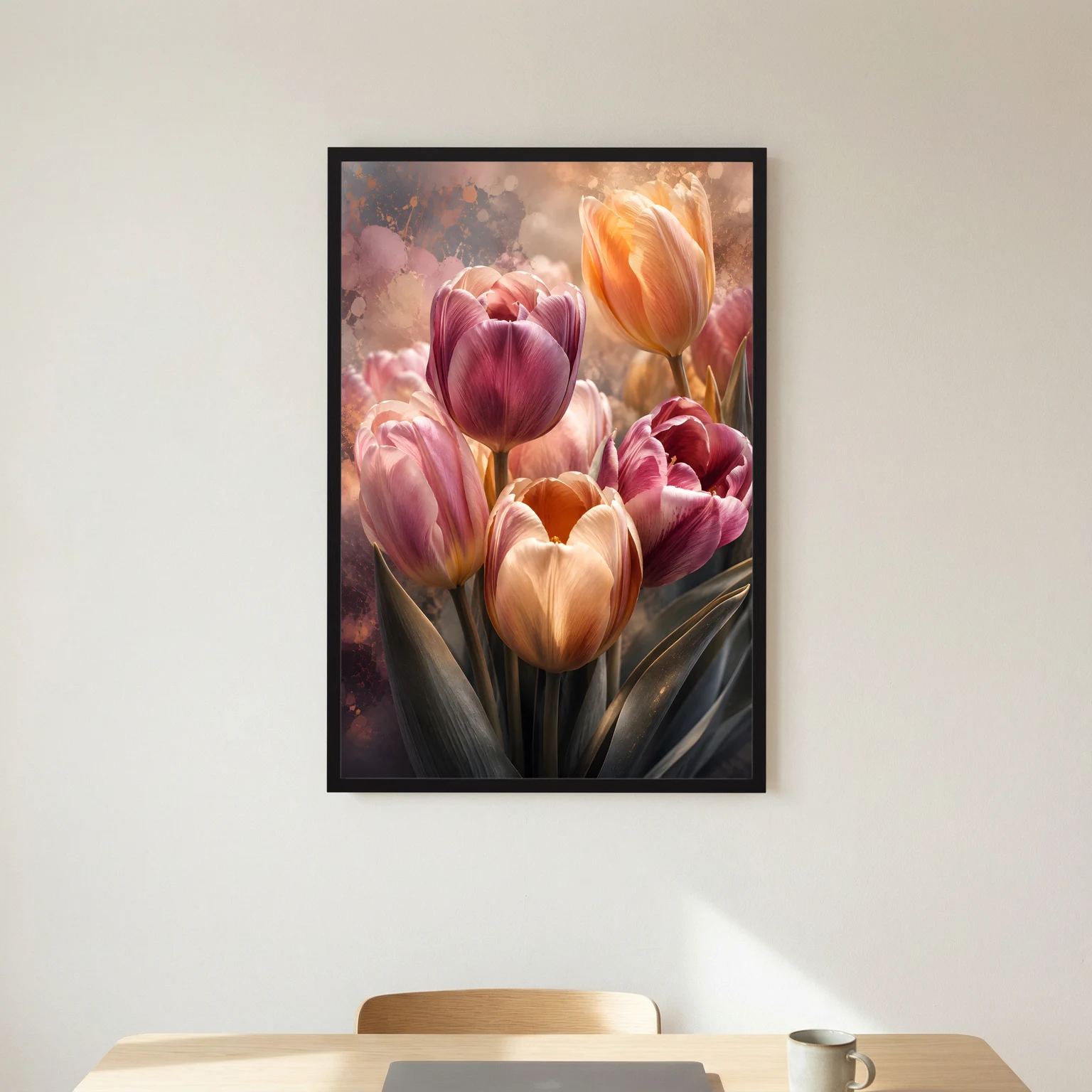 Tulpenposter im schwarzen Holzrahmen, Nahansicht rosa, apricot und orange Tulpen.