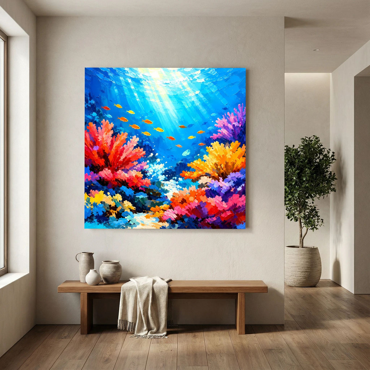 Quadratisches Leinwandbild: bunte Korallenriffe unter Wasser mit mehreren Fischen im Licht