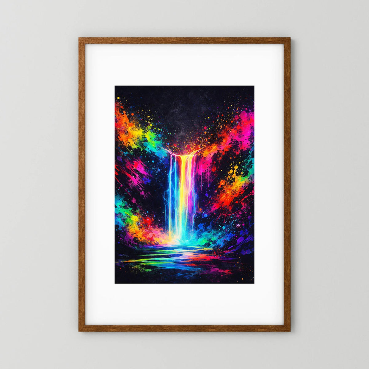 Wandbild-Poster mit Neon-Wasserfall im bunten Farbnebel, brauner Holzrahmen
