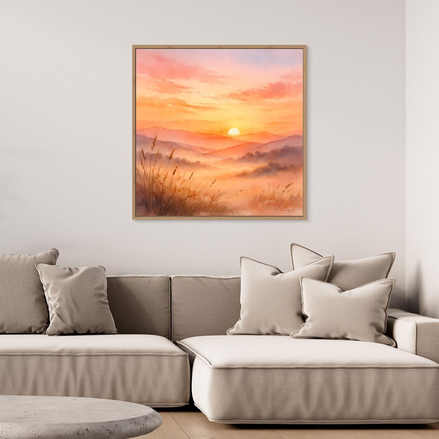 Leinwandbild mit Holzrahmen, abstraktes Sonnenuntergangsmotiv mit Bergen und Schilf im Warmton