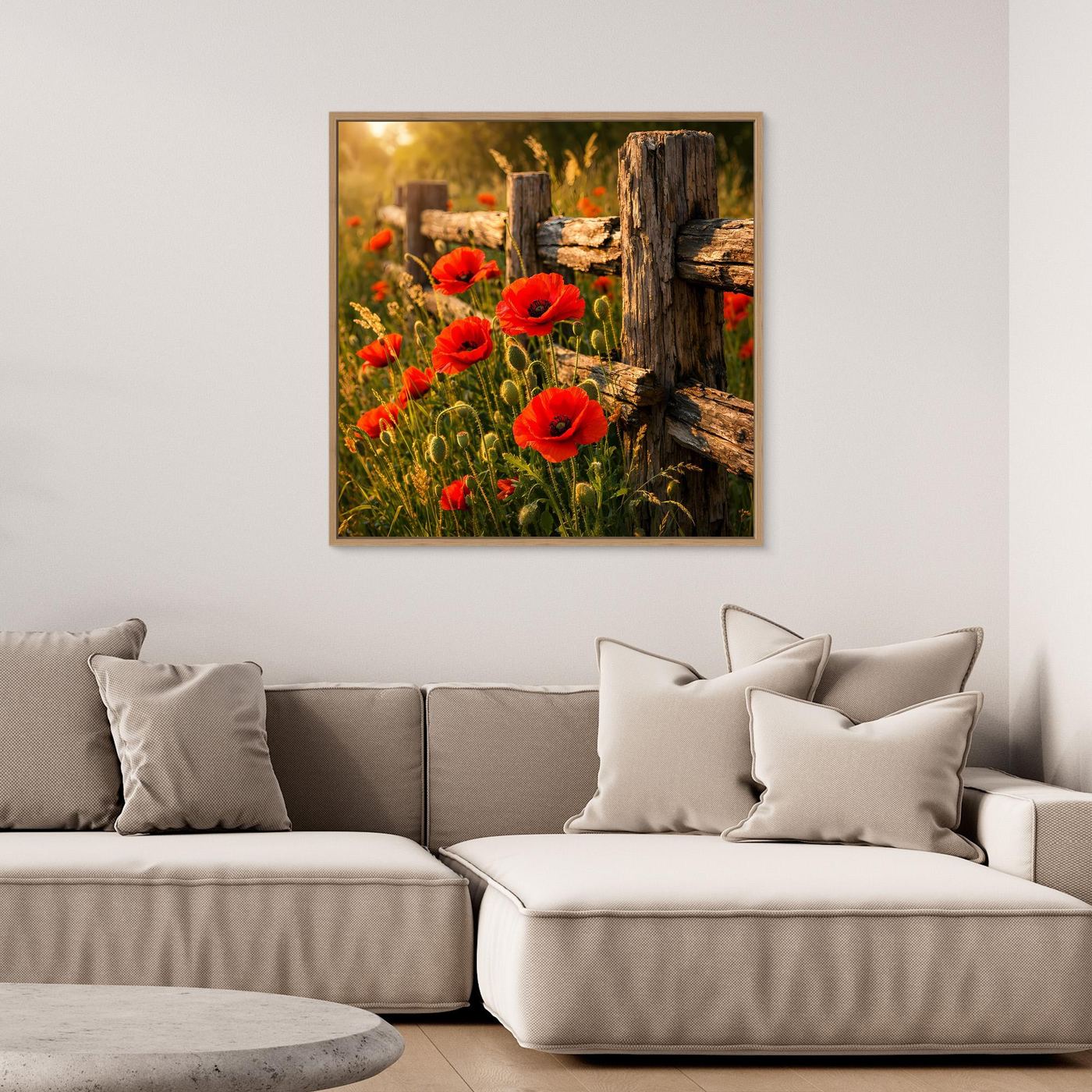 Gerahmtes Leinwandbild mit roten Mohnblumen am Holz-Zaun, goldbrauner Rahmen