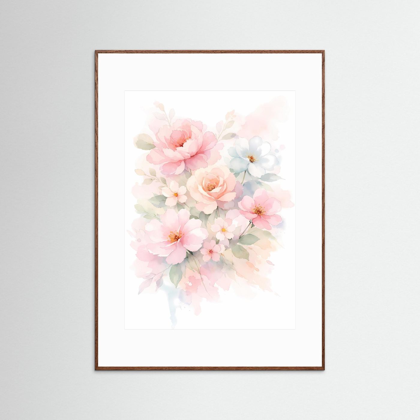 Wandbild mit Blumenbouquet im Aquarellstil, brauner Rahmen und weißes Passepartout