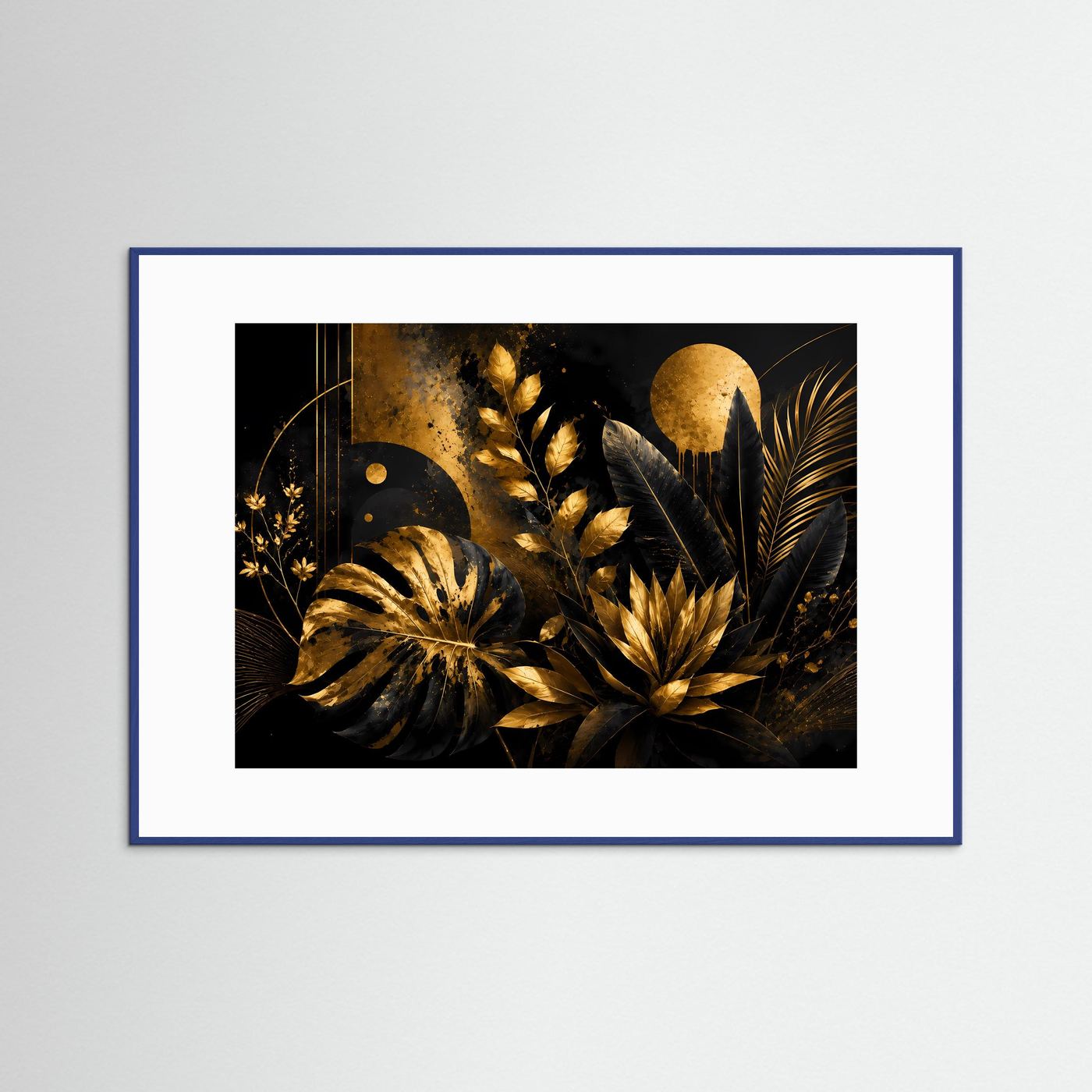Luxuriöse Tropische Blätter in Schwarz & Gold | Abstrakte Botanische Wandkunst mit Monstera, Palmenblättern und exotischen Pflanzen | Elegantes Premium Wandbild im Querformat