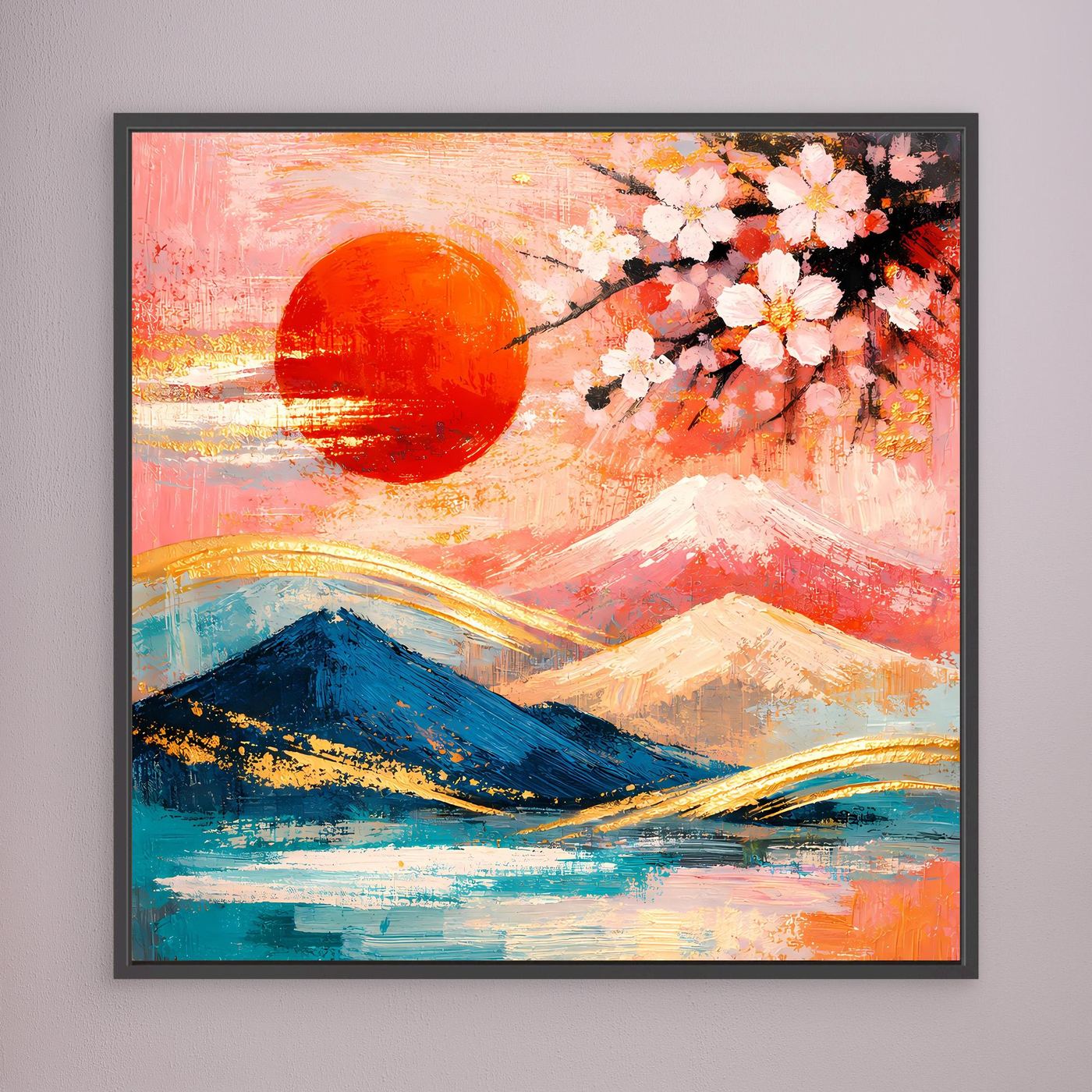 Leinwandbild mit roter Sonne, Kirschblütenzweig und Bergen in Pastellfarben, schwarzer Rahmen