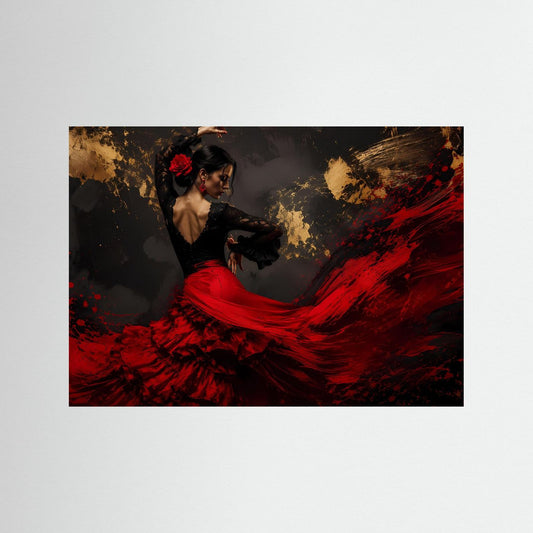 Flamenco-Tanzposter mit rotem Rock und schwarzem Oberteil, Tänzerin im Profil