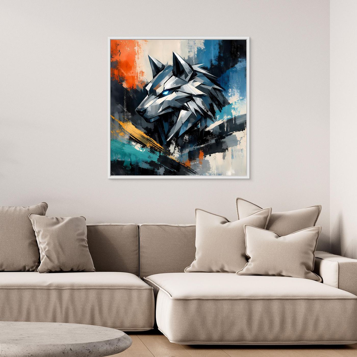 Gerahmtes Leinwandbild mit geometrischem Cyber-Wolf, abstraktes Mecha-Motiv in Blau