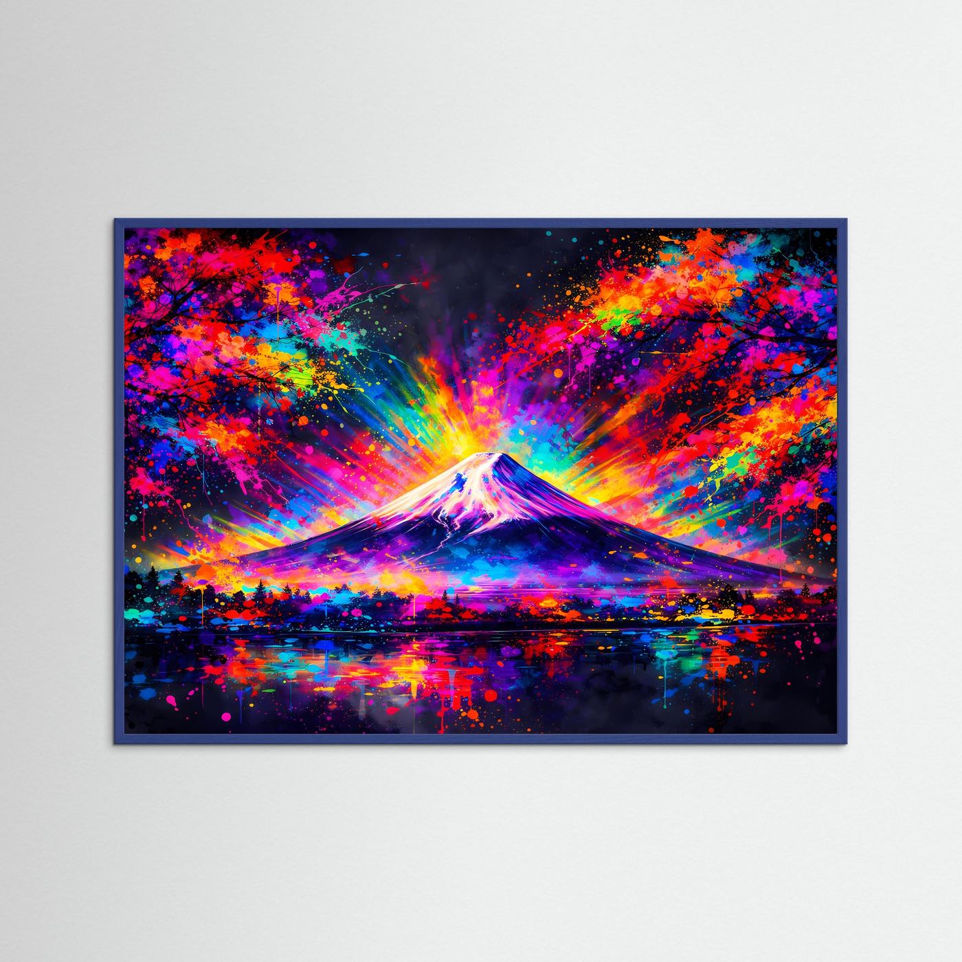 Gerahmtes Kunstposter: Mount Fuji im Pop-Art-Stil mit leuchtendem Strahlenkranz und farbiger Skyline
