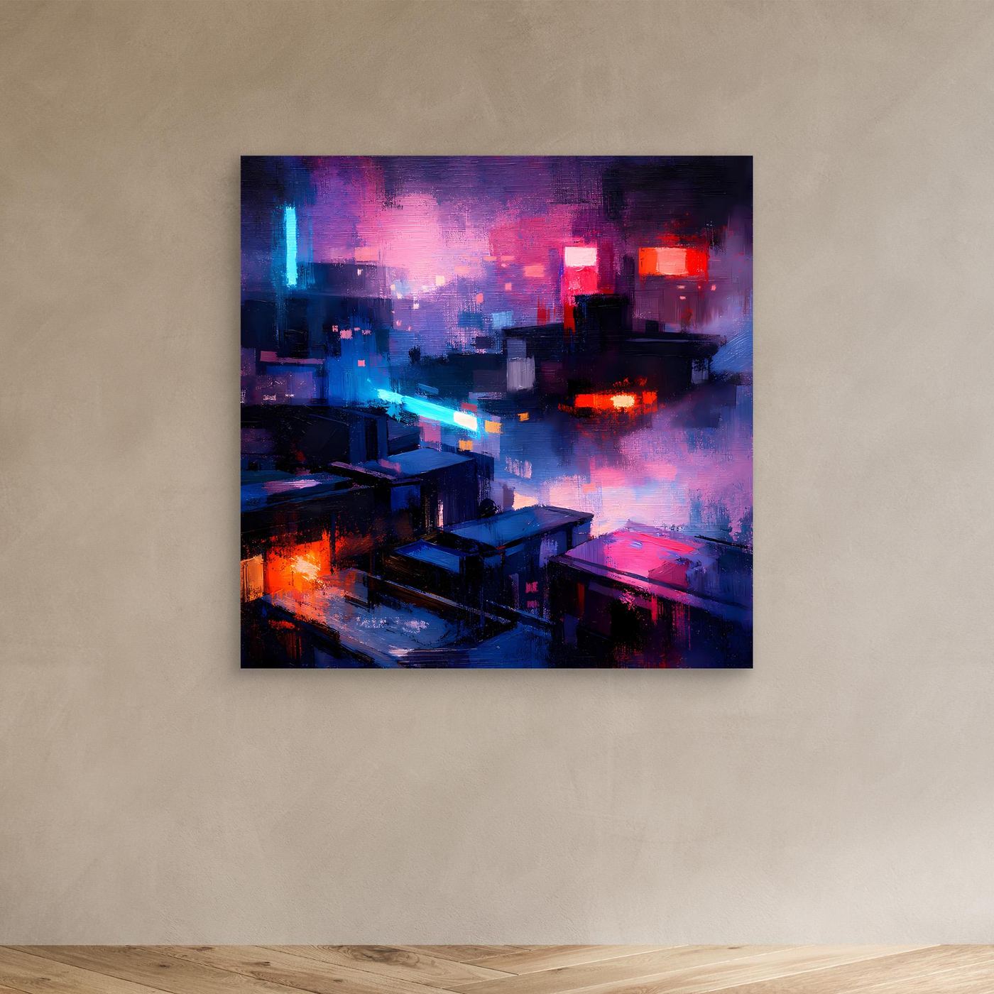 Leinwand Cyberpunk City bei Nacht | Modernes Neon-Dystopie Wandbild auf echter Leinwand