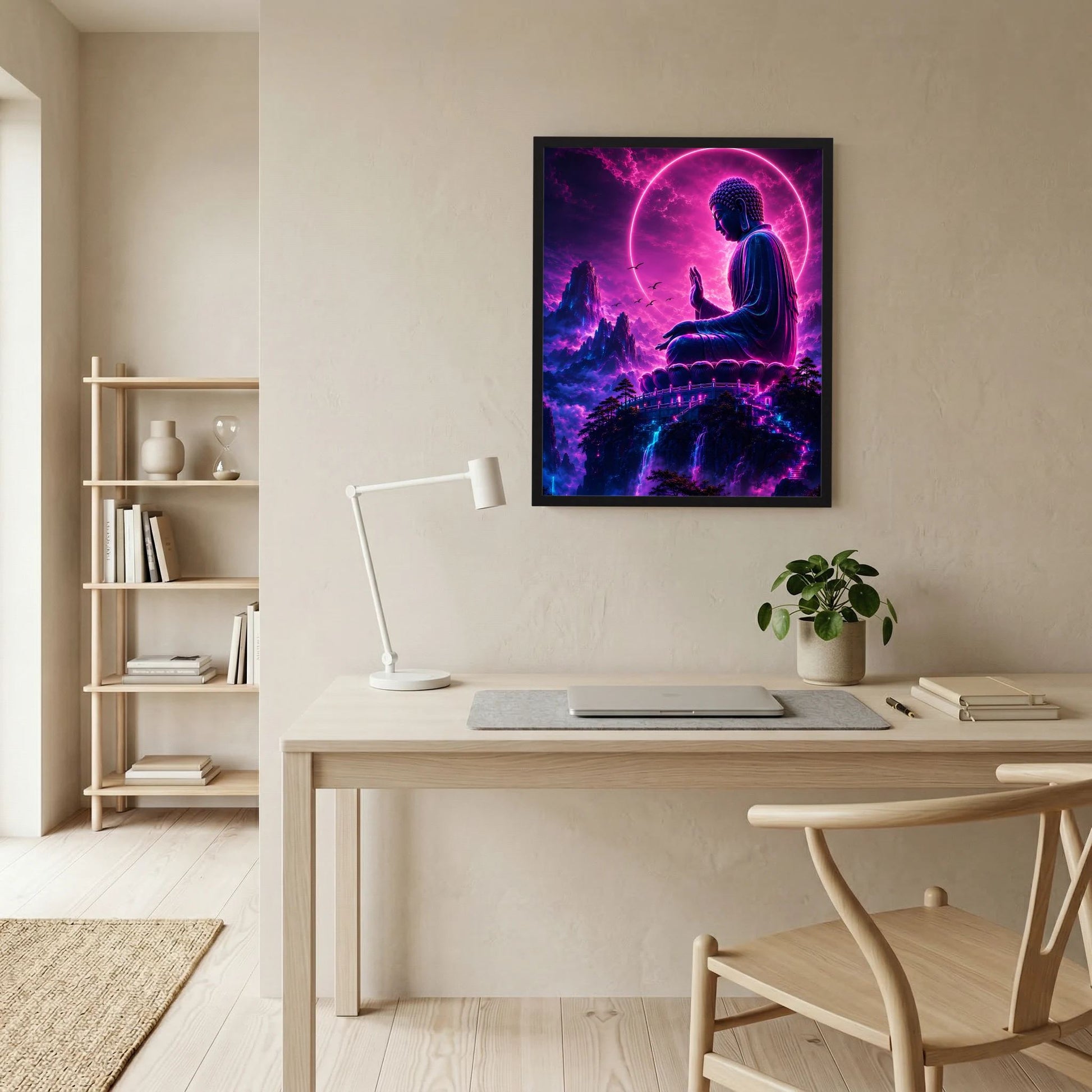Neon-Poster mit meditierendem Buddha in Pink/Violett und Blau, Leuchtkreis und Berge