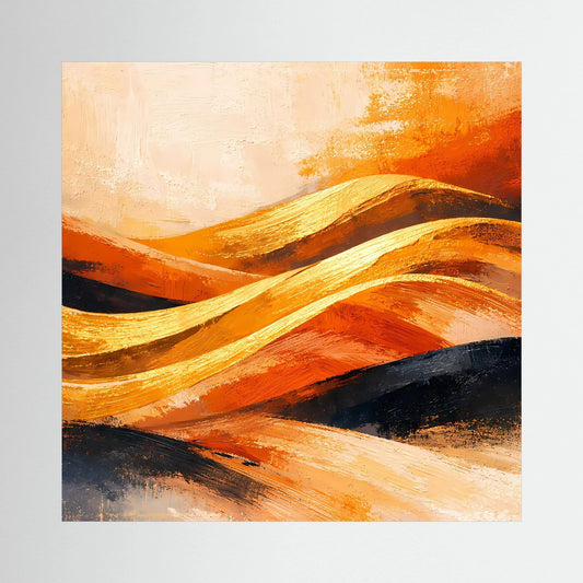 Abstraktes Wandbild mit orange-goldenen Wüstendünen und geschwungenen Pinselstrichen