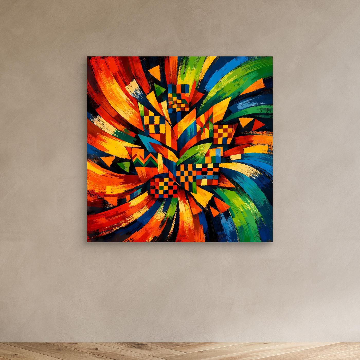 Buntes Leinwandbild mit explosivem geometrischem Strahlenmotiv ohne erkennbaren Rahmen