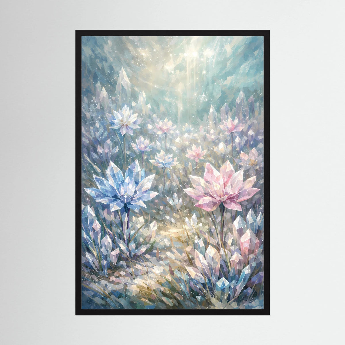 Poster im Hochformat mit Kristallblumen in Blau und Rosa, schwarzer Rahmen.