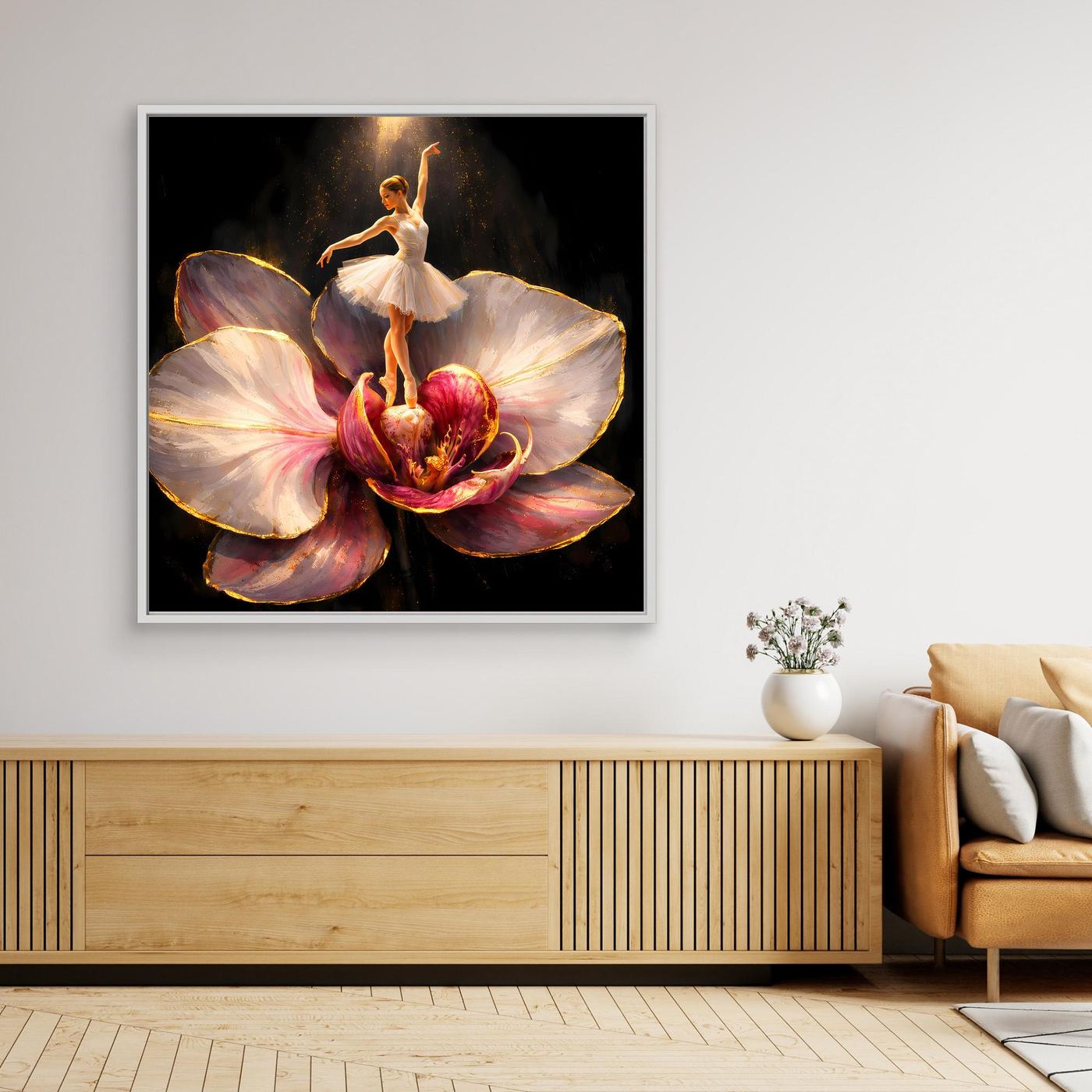 Premium Leinwand Elegante Ballerina auf Orchidee | Abstraktes Ballett Wandbild mit Goldakzenten