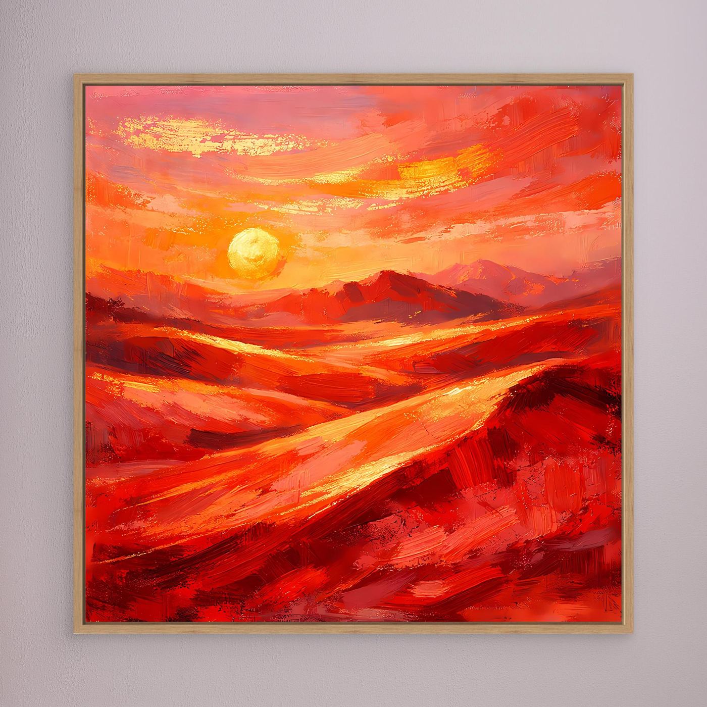 Gerahmtes Leinwandbild mit abstraktem Sonnenaufgang in Rot-Orange, Holzrahmen