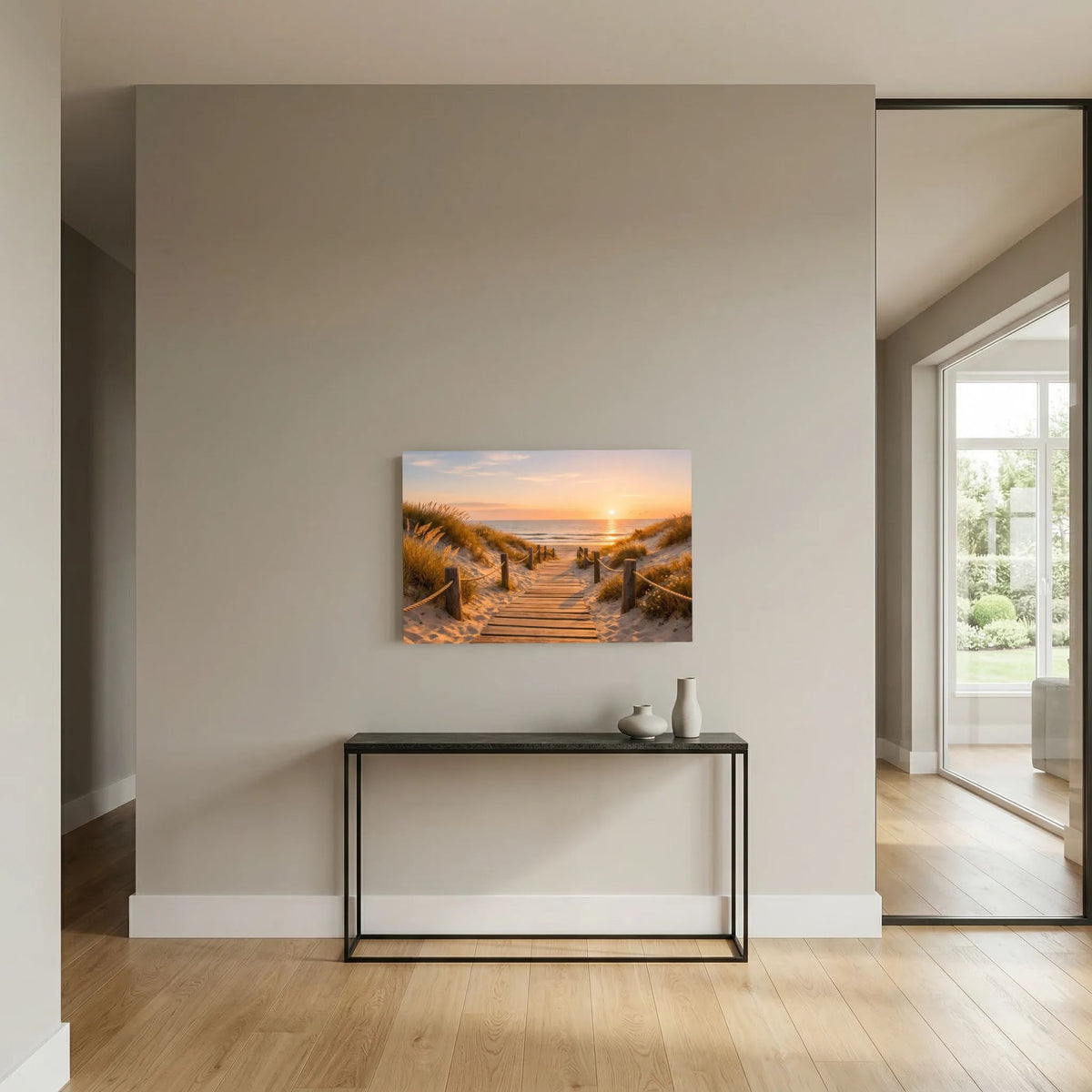 Wandbild: Holzsteg durch Dünen zum Meer, Sonne tief am Horizont