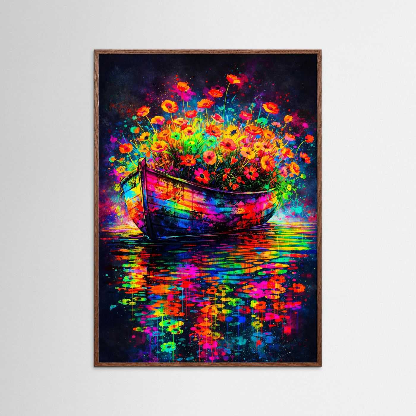 Abstraktes Blumenboot-Poster mit dunklem Eichenrahmen, Neonblumen im Boot und Spiegelung