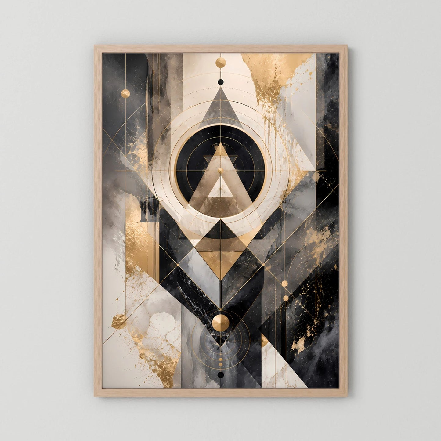 Abstraktes Kunstposter im Hochformat mit geometrischen Formen in Schwarz, Gold und Beige, Eichenrahmen.