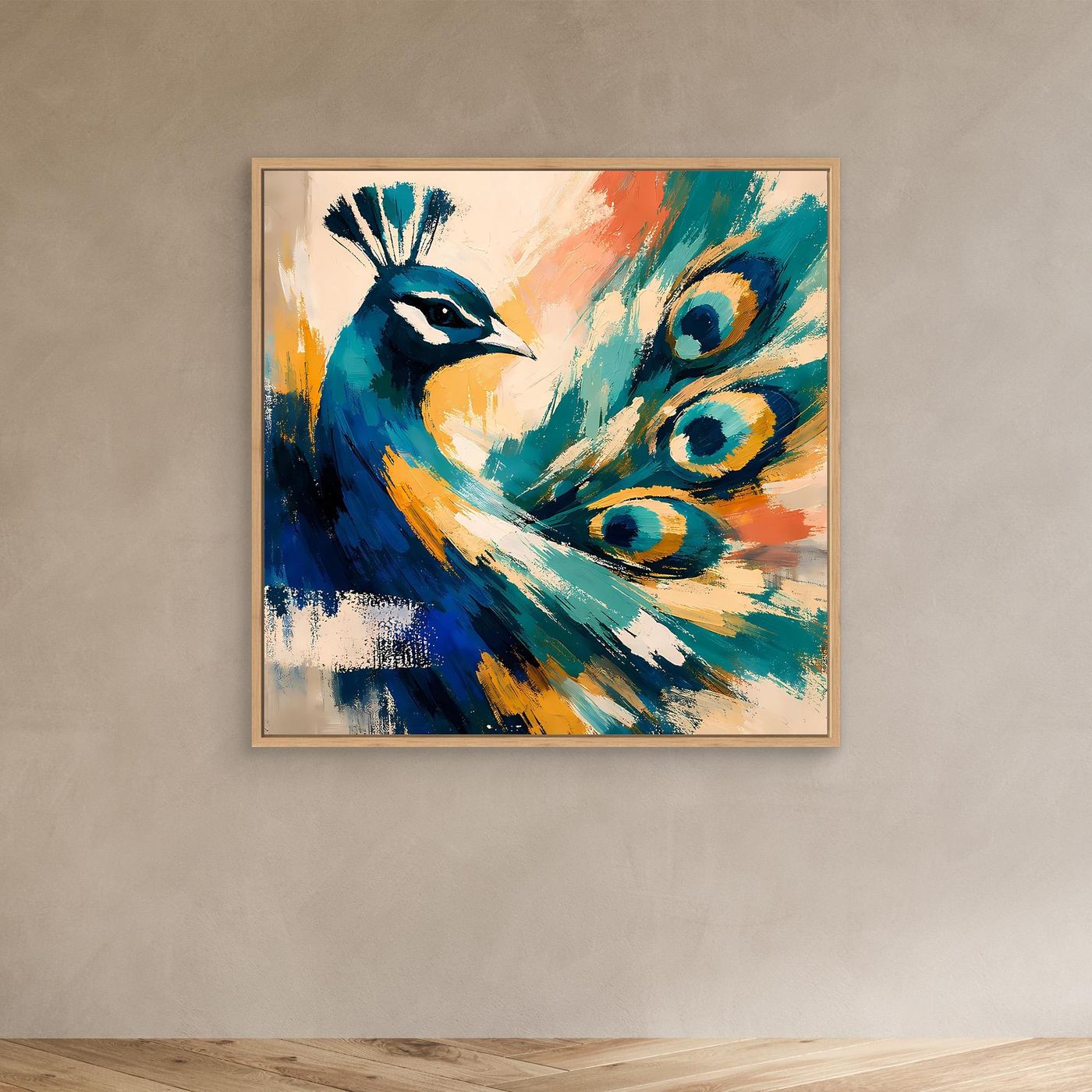 Abstract peacock canvas wall art in light wood frame with blue teal feathers