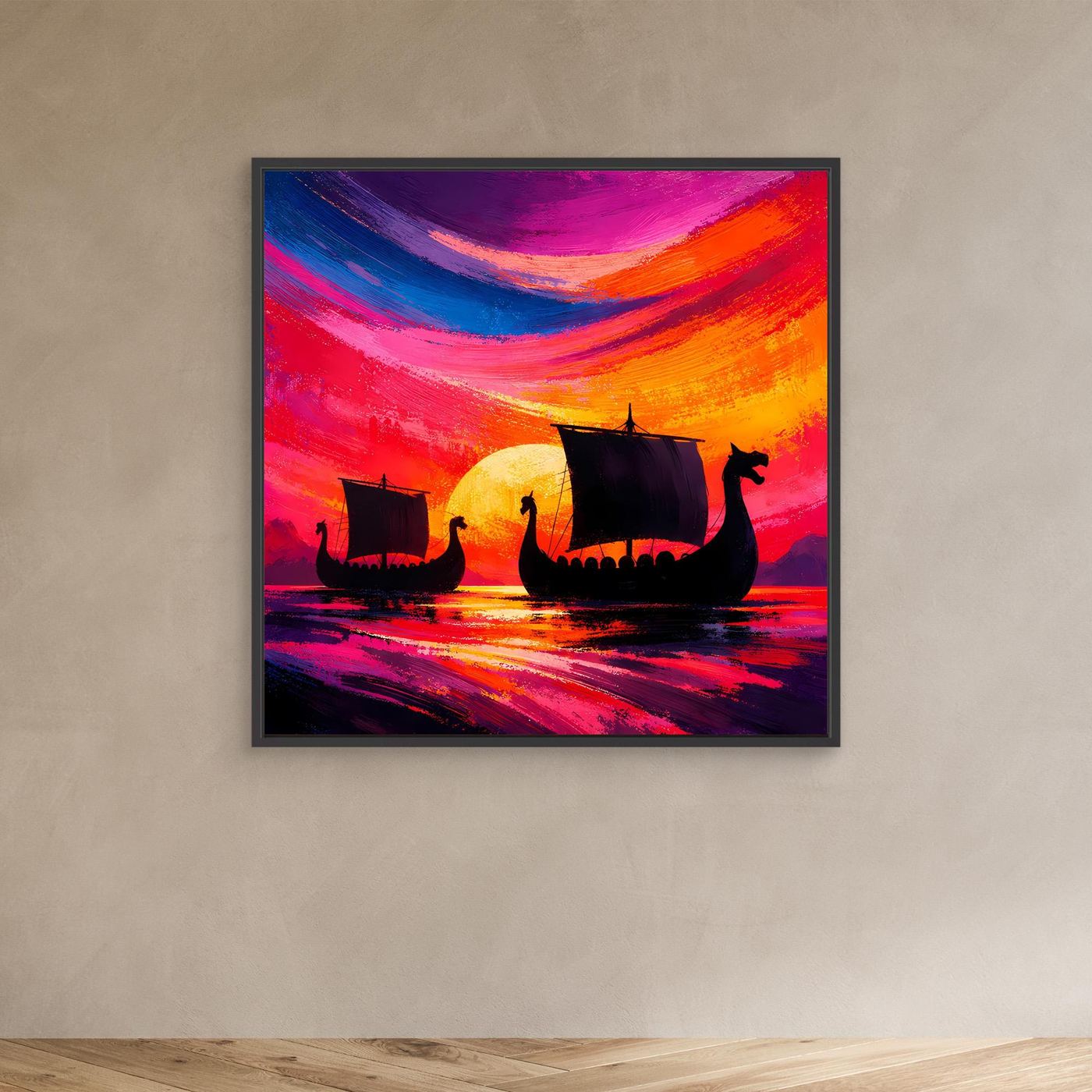 Quadratisches Leinwand-Wandbild mit Wikingerschiffen, Farbverlauf von Pink zu Orange, schwarzer Rahmen