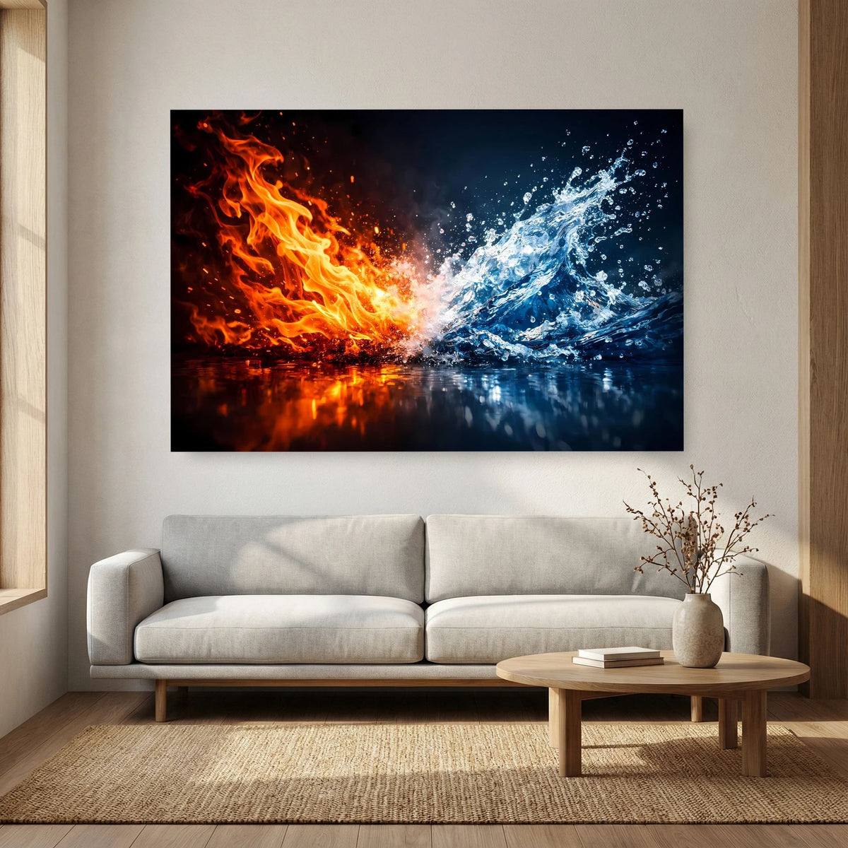 Kunstposter im schlichten Rahmen mit Flamme links und Wasser rechts, Querformat