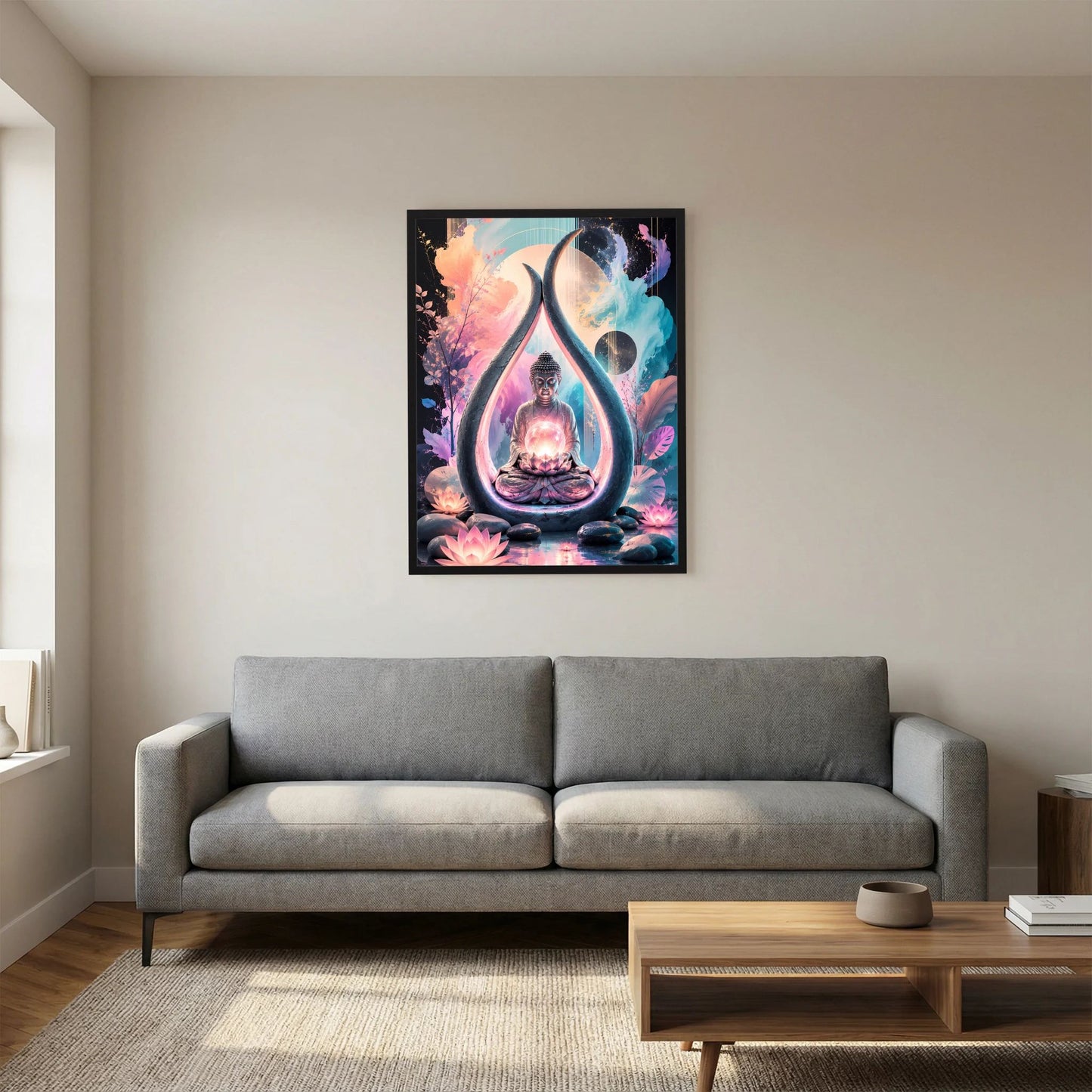 Wandposter im Hochformat: Buddha in Tropfenform mit farbigen Lotusblüten, schwarz gerahmt