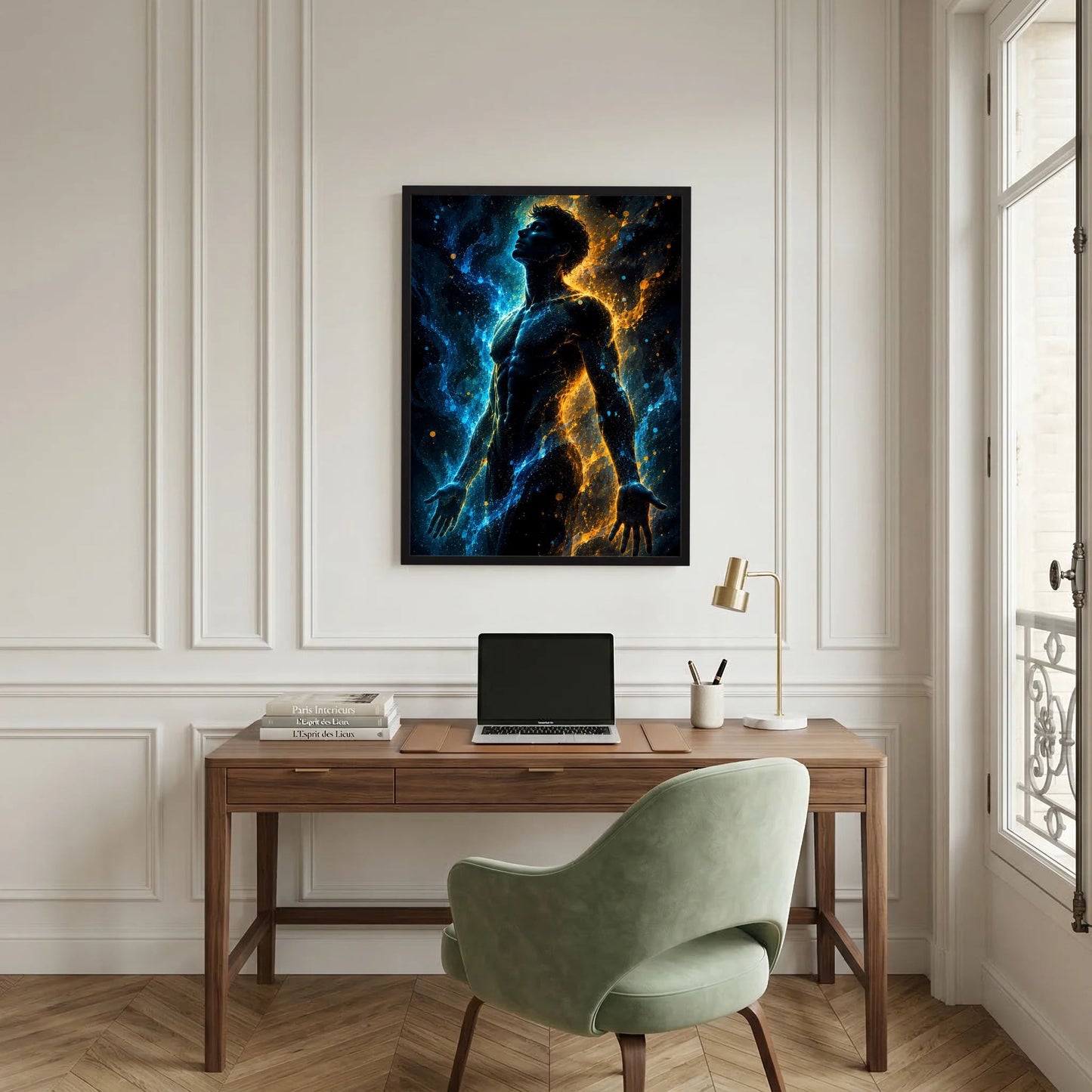 Gerahmtes Poster mit männlicher Silhouette in Blau-Gold vor hellen Paneelwänden.