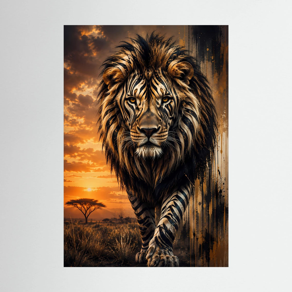 Poster im Hochformat mit Löwenmotiv und Zebramuster, Sonnenuntergang im Hintergrund